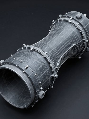High-fidelity CAD model of an aerospace propulsion system on a dark background, cool studio lighting, crisp white wireframe lines, slate gray tones