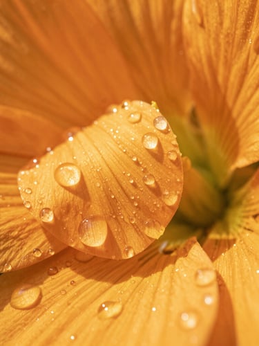 Macro close-up of vibrant orange botanical petals with glistening morning dew, high-key natural sunlight, sharp focus, 35mm lens
