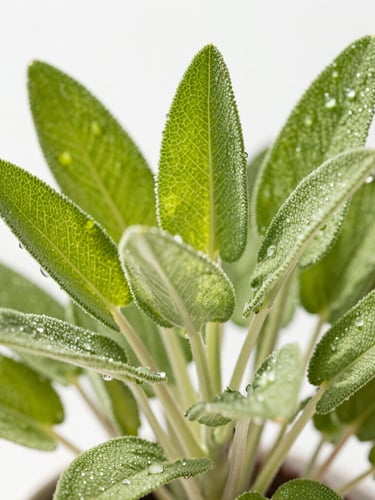 Bright editorial photography of fresh green sagebrush leaves glistening with dew drops, sun-drenched warm highlights, clean white background, macro detail
