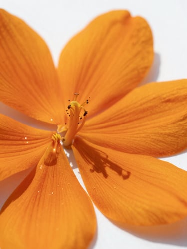 Macro shot of vibrant orange botanical petals under bright, high-key natural sunlight, sharp focus, 35mm lens