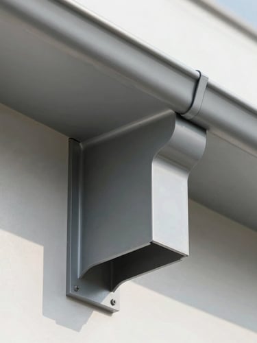 Macro shot of a seamless aluminum gutter corner joint, flawless matte gray finish, flush against a white modern facade, bright natural daylight