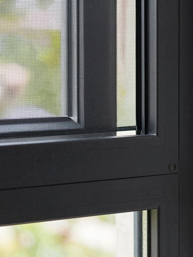 Close-up architectural detail of a matte black aluminum sliding window frame with a perfectly integrated micro-mesh mosquito screen, bright natural daylight.