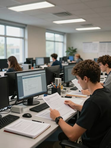 Wide shot of a training room, four participants seated at individual workstations reviewing printed regulatory module documents, overhead institutional lighting, notebooks and annotated forms on each desk, natural daylight from side windows
