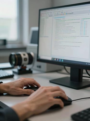 Close-up of hands at a workstation guiding a mouse across a bioinformatics dataset displayed on a monitor, natural window light from the left, muted lab environment in background