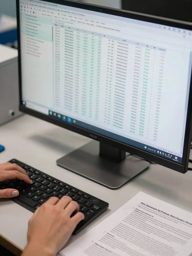 Close-up of hands at a workstation reviewing a bioinformatics pipeline output on a wide monitor — sequence alignment rows visible on screen, natural overhead lab lighting, a printed protocol sheet on the desk beside the keyboard