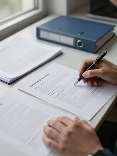 Close-up of two hands on a desk reviewing printed regulatory compliance documentation — annotated pages, tabbed binders, a pen resting on a paragraph — under natural window light from the left, shallow depth of field, muted tones, no faces visible