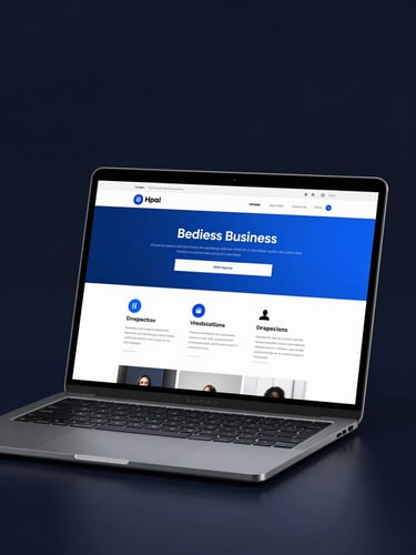 Sleek laptop displaying a local business website mockup with electric blue accents, dark background, professional tech aesthetic.