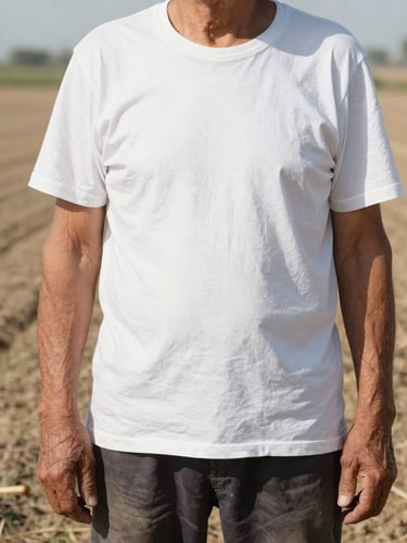Authentic, unposed portrait of an elderly farmer with weathered hands standing in a sunlit field, hard direct natural sunlight, sharp shadows.