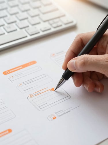 Macro shot of hands sketching a clean UI wireframe on paper with a precise technical pen, soft daylight, a keyboard slightly visible in the background, shallow depth of field