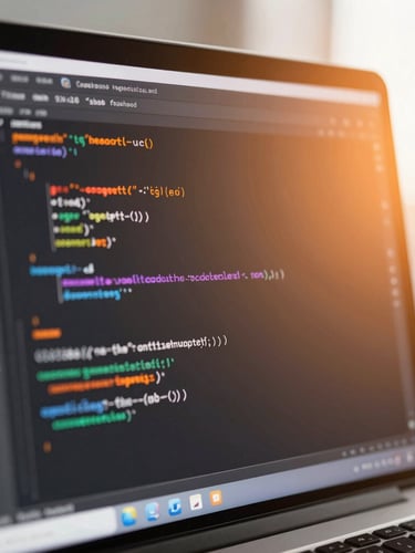 Macro shot of a clean workspace with a code editor showing clean syntax, warm orange screen glow, professional engineering environment, 35mm