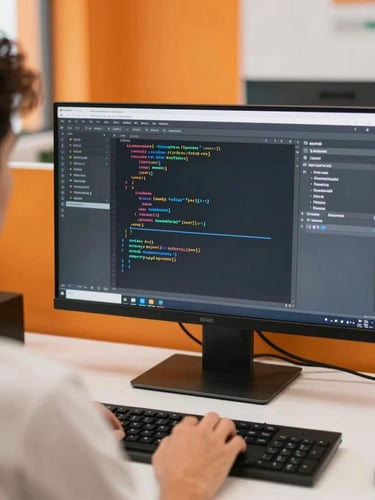 Over-the-shoulder view of a clean workspace in Veracruz, bright daylight, a code editor open on a screen showing structured syntax, warm orange accents in the background, 35mm