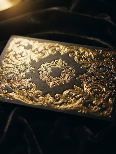 Low-key moody close-up of a gold-embossed physical invitation card resting on dark charcoal velvet, dramatic warm golden highlights, deep black shadows, luxury editorial style, 35mm film