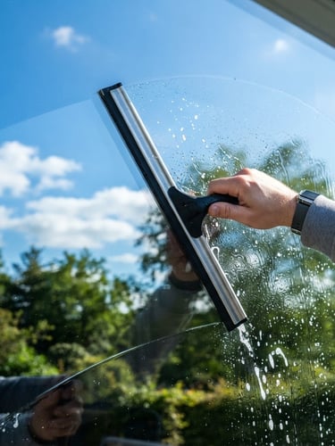 Close-up of a squeegee pulling water off pristine glass, sharp reflections of a blue sky and green trees, bright morning sunlight, 35mm lens, high contrast.