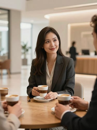 A professional meeting in a modern corporate lobby, people holding elegant coffee cups, soft natural light, clean minimalist architecture, warm tones