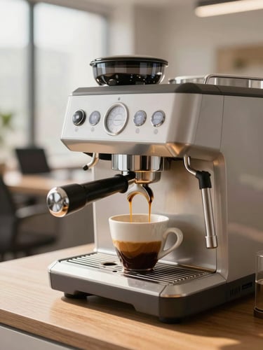 Sleek professional espresso machine in a sunlit modern office breakroom, rich espresso pouring into a ceramic cup, warm natural light, 35mm