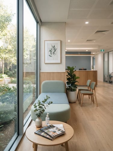 A bright, professional medical clinic lobby with soft natural window light, clean architectural lines, minimalist decor, and a calm, reassuring atmosphere.