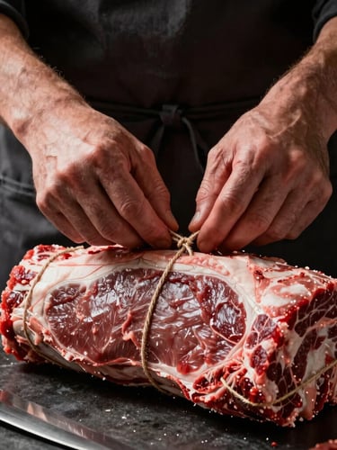 Tactile close-up of butcher hands in a dark apron tying a raw beef roast with natural twine, side-lit, high contrast, professional kitchen background with steel knives