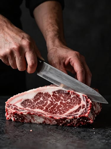 Moody editorial food photography of a butcher's hands holding a heavy steel knife over a beautifully marbled raw beef cut, dramatic side-lighting, deep rich reds and dark charcoal tones, shallow depth of field, 50mm