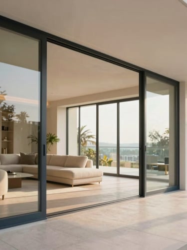 Interior of a modern luxury condominium with floor-to-ceiling glass, showing an expansive living area opening to a deep lanai, soft natural daylight, minimal interiors, architectural details, warm editorial photography
