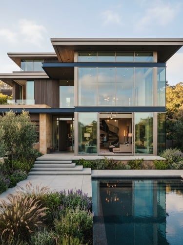 Elegant, low-angle architectural elevation of a modern luxury residence, floor-to-ceiling glass, natural daylight, soft shadows, warm editorial photography.