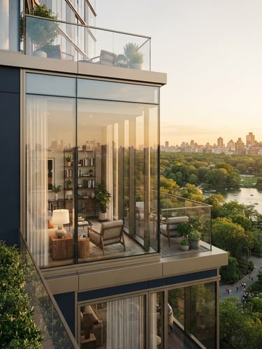Sleek, modern high-rise residential building rendering with floor-to-ceiling glass, overlooking a lush green park, golden hour light, architectural lens, shallow depth of field.