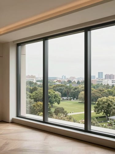 Modern luxury apartment interior with floor-to-ceiling windows, soft natural daylight, showing a panoramic view of a green city park, elegant minimalist design, warm editorial photography.