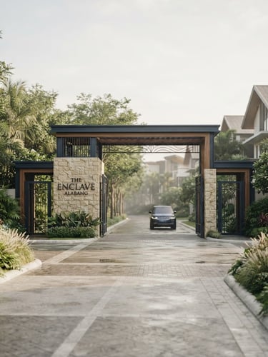 Wide shot of The Enclave Alabang's lush entry gates, modern architectural style, soft natural daylight, warm editorial photography, muted champagne and navy tones, architectural lens.