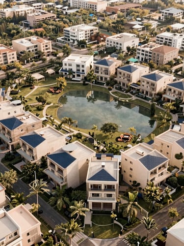 Aerial view of The Enclave Alabang, showing lush eco-parks, private lagoons, and spacious residential lots, soft natural daylight, warm editorial photography, muted champagne and navy tones, architectural lens.
