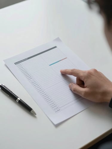 Tight overhead shot of a single hand pointing at a printed analytics report on a clean desk, a pen resting beside the sheet, cool daylight from the left, white surface, no distractions