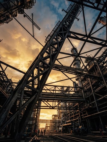 Wide panoramic industrial site at dawn, low-angle shot of structural steel girders reaching into the sky, high-contrast, desaturated steel and amber tones, 35mm