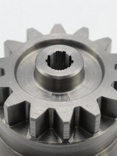 Macro photograph of a finished technical 3D printed mechanical gear, showing clean surface finish and precise layer lines, cool metallic tones, high-contrast studio lighting