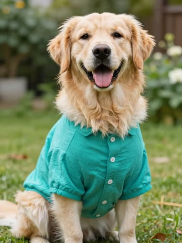 A happy golden retriever sitting proudly in a vibrant teal handmade shirt, bright natural daylight, soft focus garden background, 50mm portrait