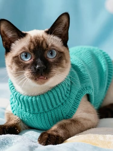 vibrant editorial pet photography, close-up eye-level shot of a happy Siamese cat wearing a perfectly fitted custom teal knit sweater, resting comfortably on a soft blanket, bright natural daylight, crisp textile detail, 50mm
