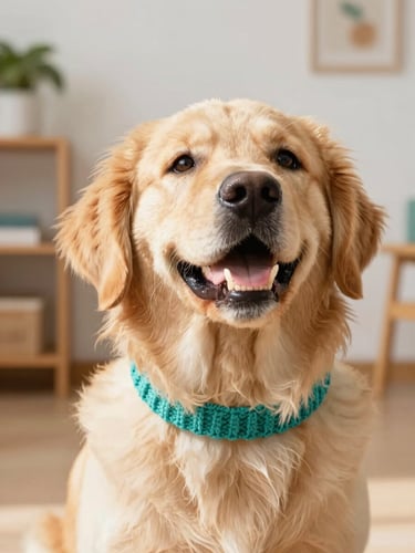 A cheerful golden retriever looking up with a soft knitted teal collar, bright natural workshop background, warm daylight, 50mm