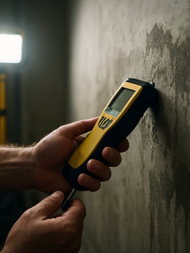 Close-up of a technician's hands pressing a moisture meter probe into saturated drywall, fluorescent job-site light, damp gray wall surface with visible water staining, industrial fan blurred in background