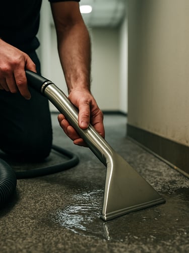 Close-up of a technician's hands operating a professional-grade water extraction wand on saturated commercial flooring, fluorescent overhead light, extraction hose visible mid-frame, water pooling at the base of drywall