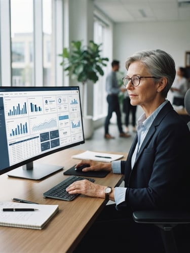 Medium close-up of an academic administrator analyzing clean dashboard interfaces on a large monitor, cool natural office daylight, sharp focus, 35mm lens