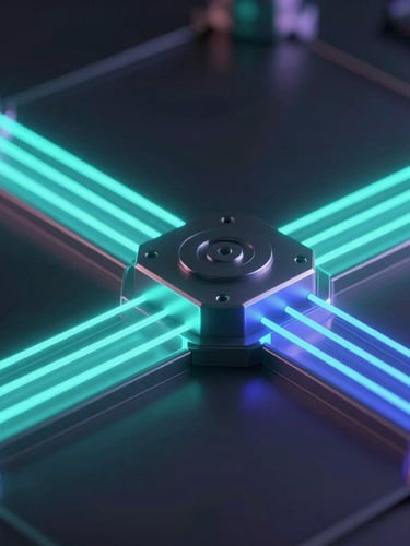 High-fidelity abstract 3D visualization of a secure cryptographic ledger node, glowing neon cyan and ultraviolet light paths reflecting on dark metallic surfaces, architectural view, dark mode terminal aesthetic