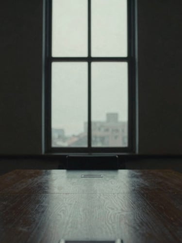 Dramatic side-lighting on an empty boardroom table, cool daylight through tall windows, deep shadows, moody editorial photography.