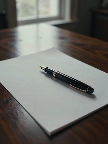 Moody editorial close-up of high-end textured heavy paper with a classic fountain pen resting on a dark walnut boardroom table, dramatic low-key window light, deep shadows, desaturated tones, 35mm film