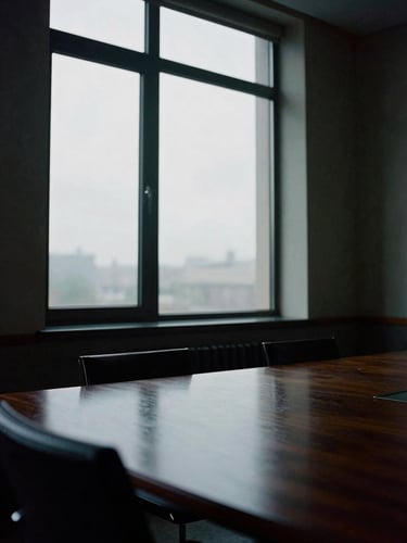 Dramatic low-key window light casting deep shadows across an empty, quiet boardroom. Cool, overcast daylight filters through large architectural windows, reflecting on a polished dark wood table. 35mm film style.