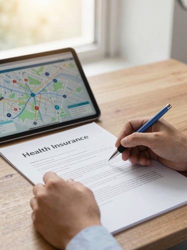 Close-up of hands reviewing a health insurance contract on a wooden table next to a tablet showing a hospital network map, warm morning window light, professional corporate editorial style.
