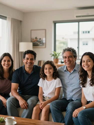 A warm, natural light photograph of a Brazilian family sitting together in a modern apartment living room in São Paulo, smiling authentically, shallow depth of field, professional editorial style.