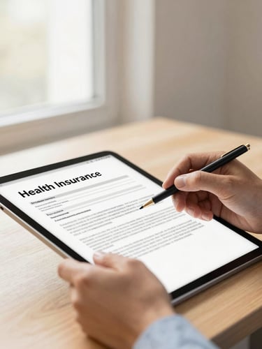 Warm editorial photography of hands reviewing a health insurance contract next to a digital tablet, natural office window light, professional corporate tones, shallow depth of field.