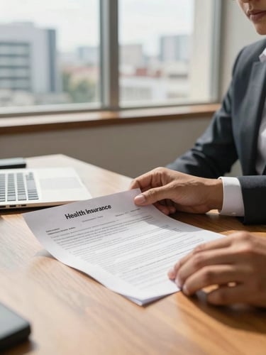 Close-up of hands reviewing health insurance contract documents on a wooden desk, bright daylight filtering through a corporate office window in São Paulo, professional and warm tone