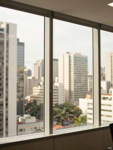 Modern corporate office window in São Paulo, looking out onto a blurred cityscape of dynamic skyscrapers, bright natural daylight filtering through glass, warm editorial photography