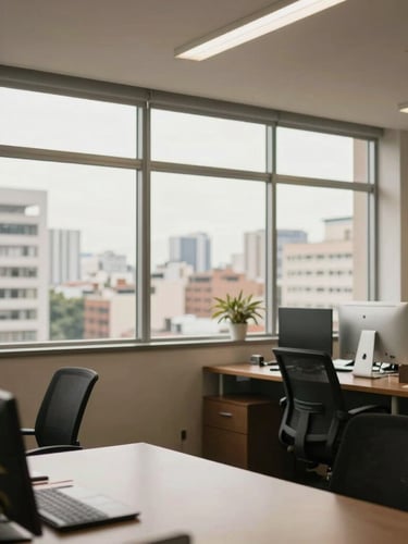 Wide editorial photography of a modern office in São Paulo, natural office window light, professional corporate tones, authentic paulistano environment, shallow depth of field.