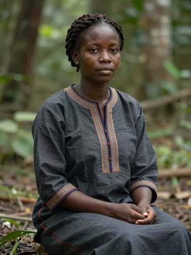 A quiet environmental portrait of Muriyd Williams sitting outdoors in natural, overcast daylight, wearing traditional attire, with soft forest foliage in the background.
