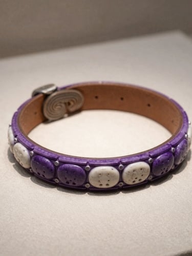 Close-up of a hand-carved purple and white wampum belt resting on a clean linen surface under soft museum gallery spotlight.