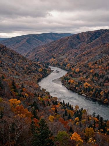 A wide-angle landscape of the Ramapough mountains under an overcast autumn sky, a quiet river winding through the valley, soft atmospheric light.